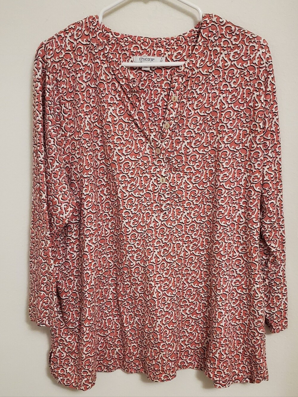 Chico's Coral and White Printed Button-Up Tunic Size 4 Summer Resort Vacation